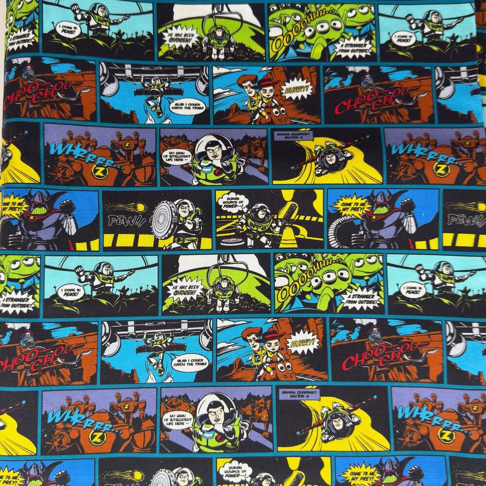 Disney Pixar Buzz Lightyear Toy Story Comic Strip Cotton Fabric - Sold By 1/2 YD